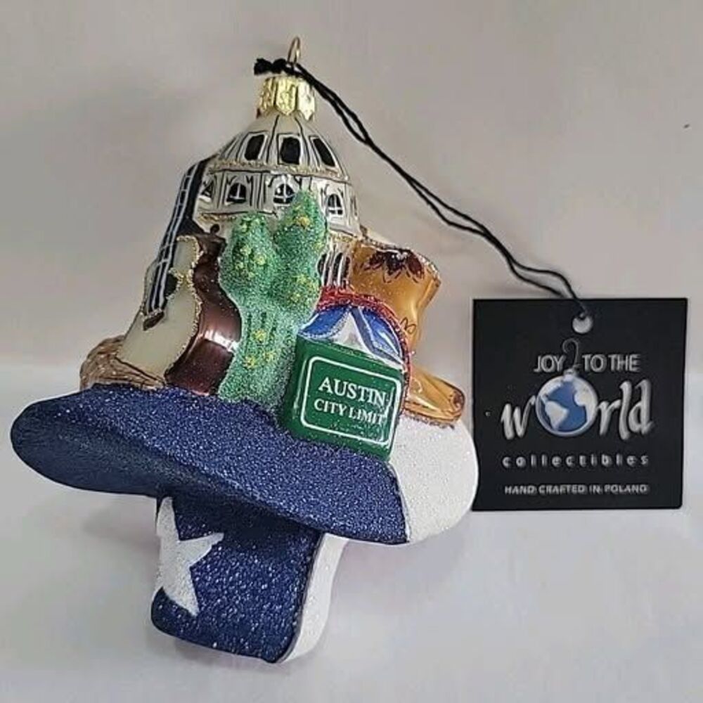 Joy to the World Austin Texas City Limit Glass Christmas Ornament Poland Glitter